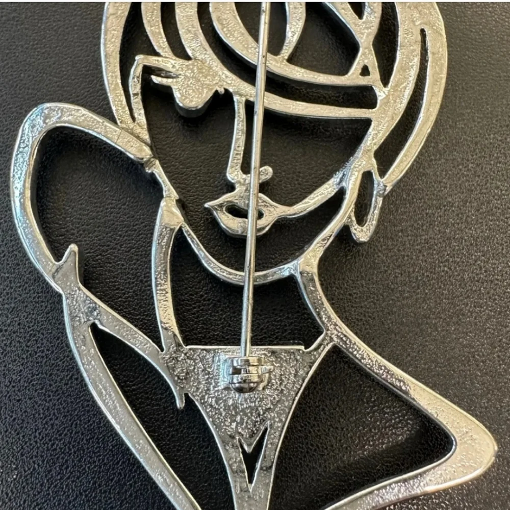 Vintage JJ Jonette Art Deco Abstract Woman Silhouette Silver Tone Brooch Pin